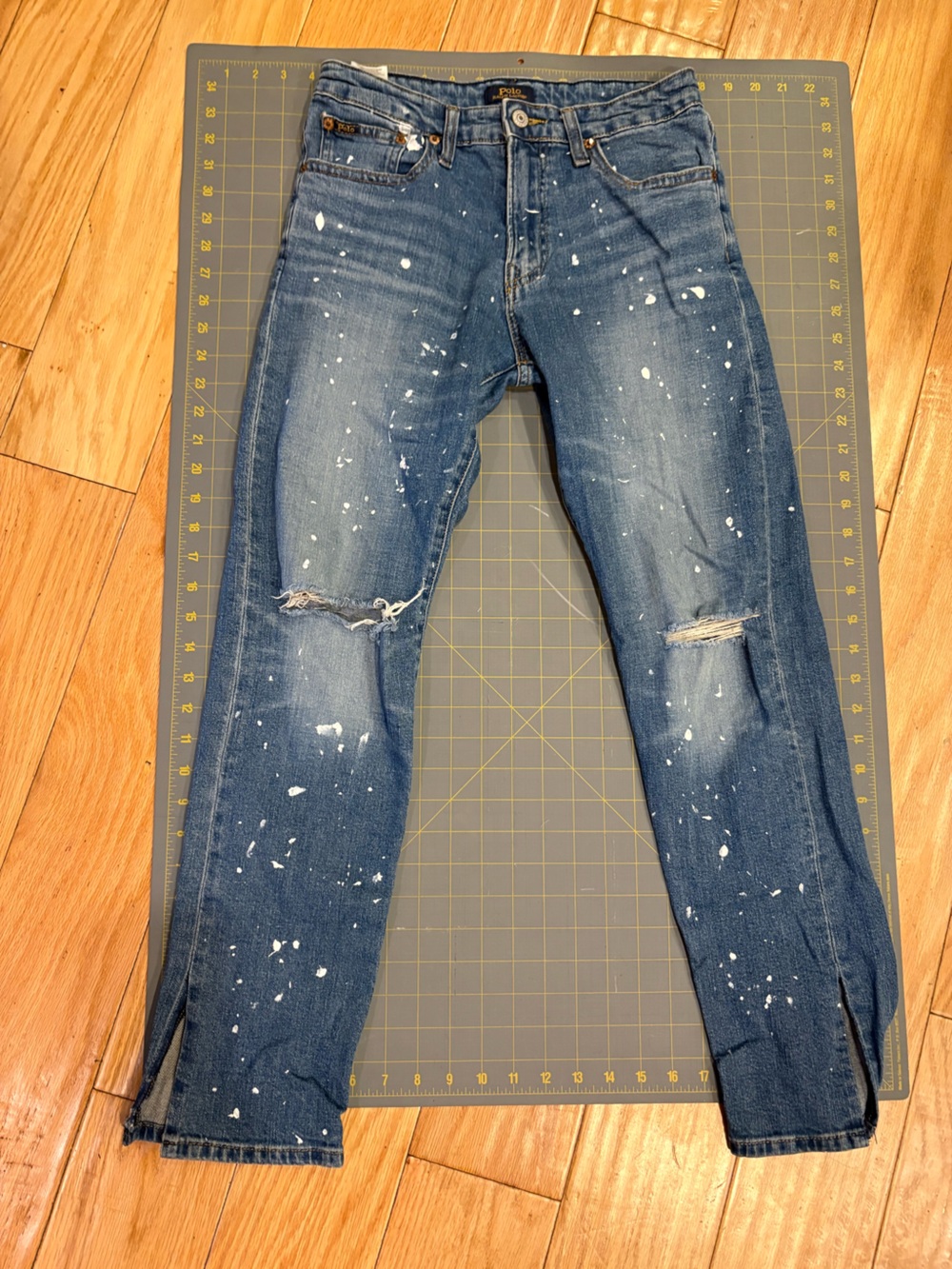 Polo Ralph Lauren Paint Splatter Distressed Jeans Blue Denim Ripped Y2K Vintage